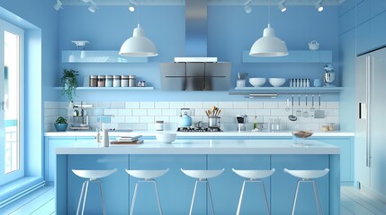 Blue kitchen interior with island stylish kitchen with white countertops cozy bright kitchen with utensils and appliances working space of the kitchen