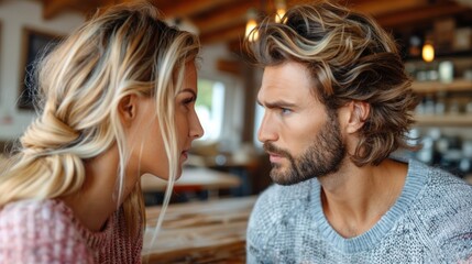 A man and a woman standing face to face, making eye contact with each other