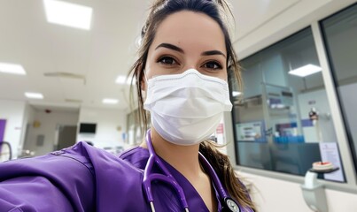Naklejka premium A nurse selfie wearing a white face mask and a stethoscope around her neck