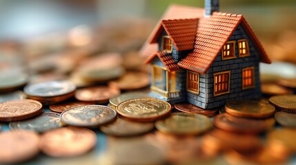 toy house with gold coins, real estate and house market investing concept, profit and ROI, Generative Ai - obrazy, fototapety, plakaty