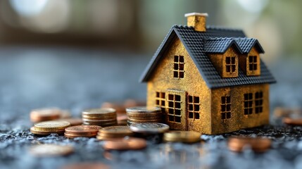 toy house with gold coins, real estate and house market investing concept, profit and ROI, Generative Ai - 769378471