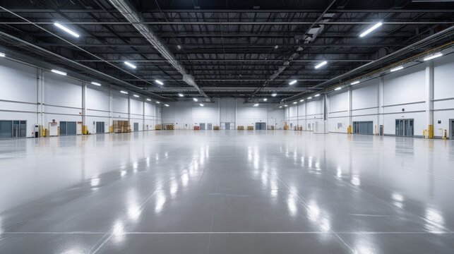  Interior of empty warehouse. Large modern empty storehouse