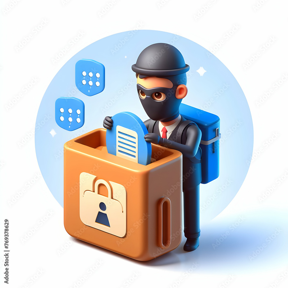 Poster 3d flat icon for business as virtual bandit cybercriminal stealing data bytes in online security thr