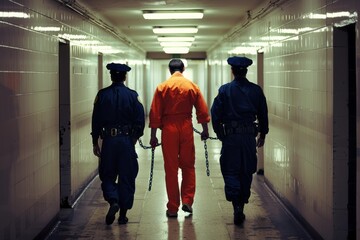 Prison guards or police lead a prisoner in chains by the corridor
