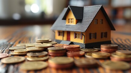 toy house with gold coins, real estate and house market investing concept, profit and ROI, Generative Ai - 769378636