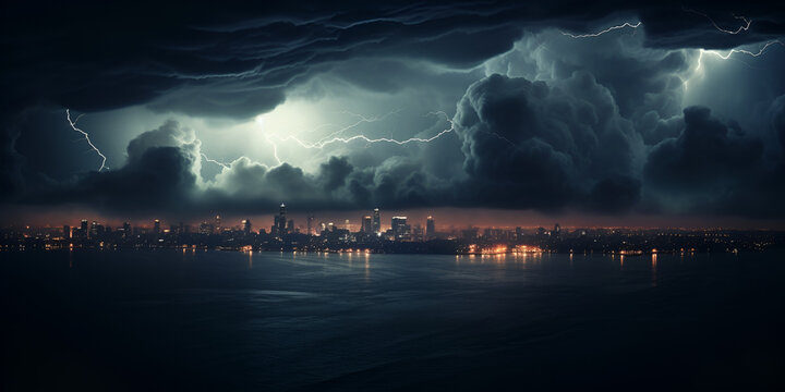 lightning over the sea, A photo of a powerful thunderstorm dramatic lightning, Generative AI