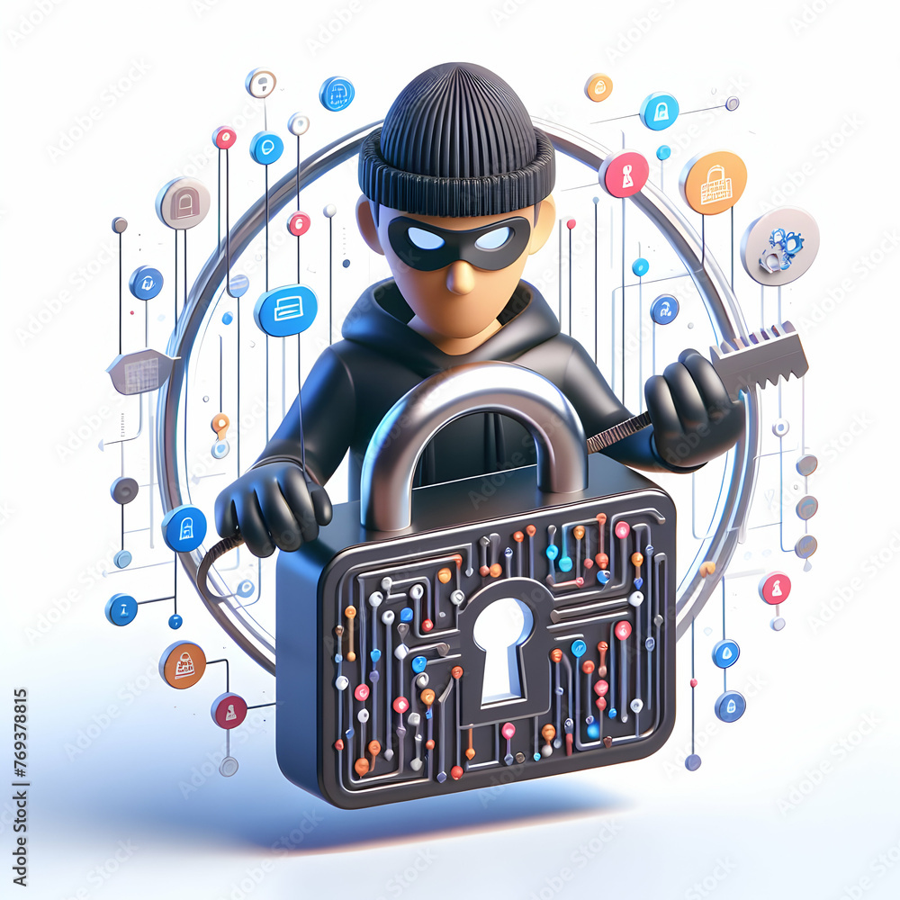 Poster 3d flat icon for business as cyber thief hacker with a digital lockpick in online security threats t