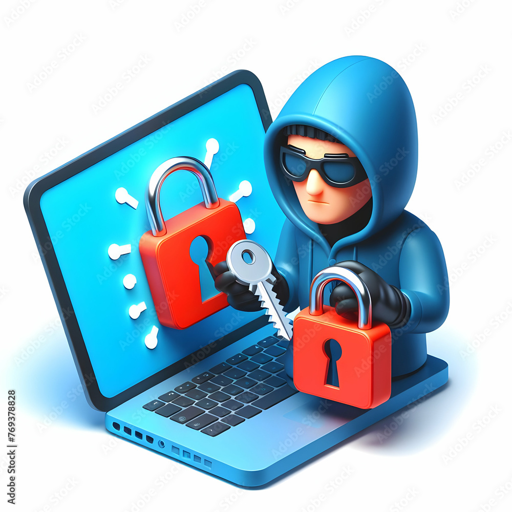 Poster 3d flat icon for business as cyber thief hacker with a digital lockpick in online security threats t