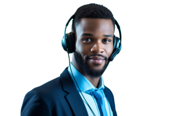 Confident young businessman in suit with headset on transparent background