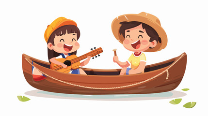 Happy girl and boy singing in wooden canoe over whi