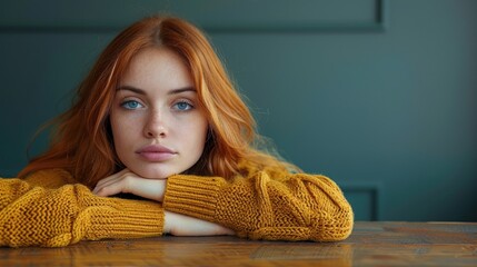 A woman with red hair is sitting at a table