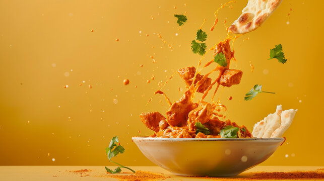 A captivating image of chicken tikka masala with naan bread captured in an explosive motion