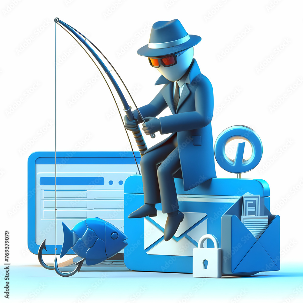 Poster 3d flat icon for business as phishing predator a cyber fisherman hooking sensitive information from 