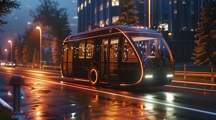 Fototapeta premium Through the lens of a 3D render, viewers witness an autonomous electric bus autonomously cruising down the road, highlighting the cutting-edge concept of smart vehicle technology.