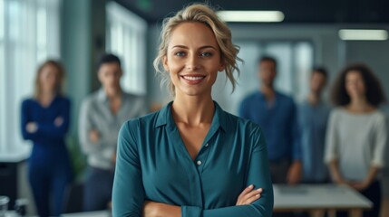 A woman stands in front of a group of diverse individuals, taking the lead