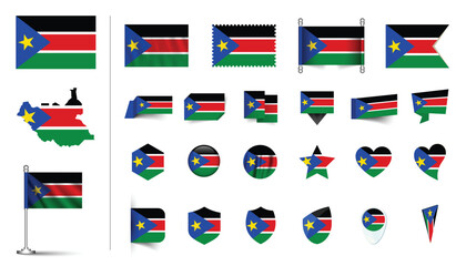 set of South Sudan flag, flat Icon set vector illustration. collection of national symbols on various objects and state signs. flag button, waving, 3d rendering symbols
