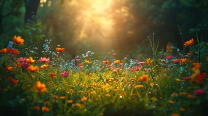 Sun shining through lush trees onto a colorful field of wildflowers