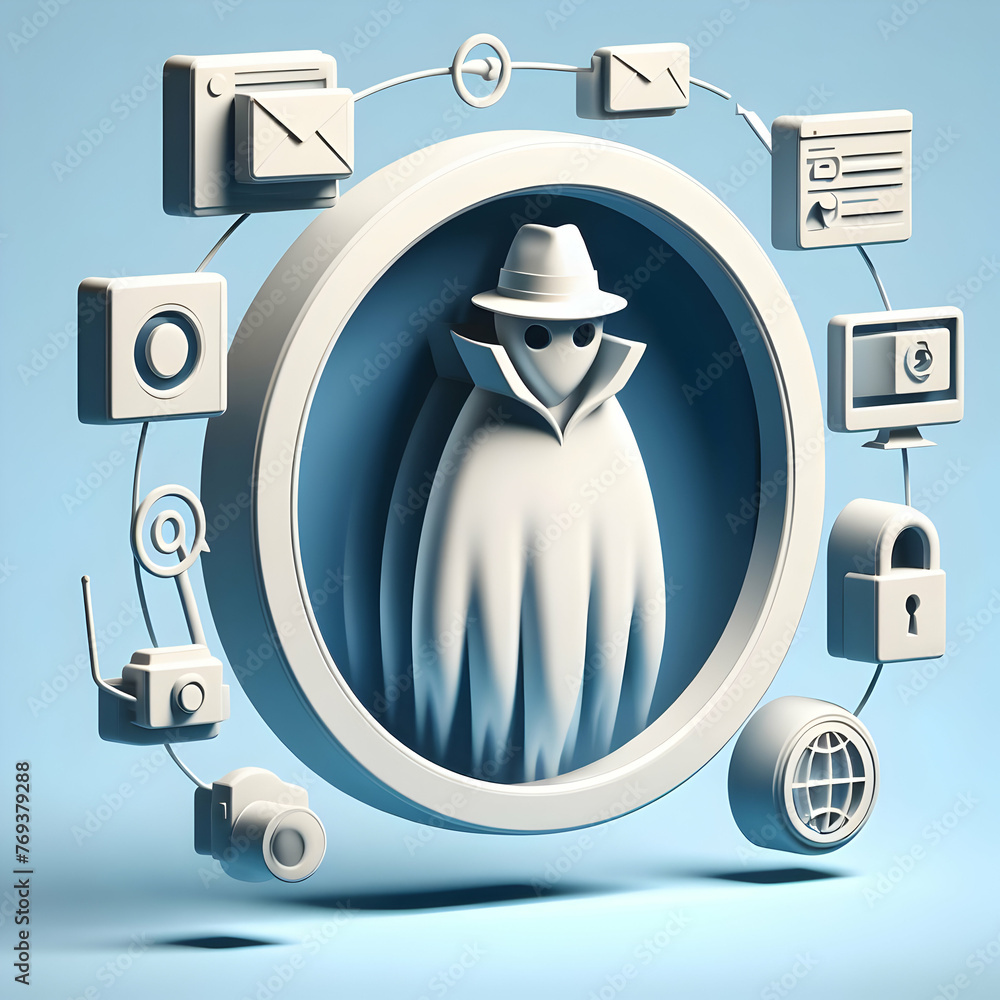 Poster 3d flat icon for business as spyware specter a ghostly figure collecting data through spyware in onl