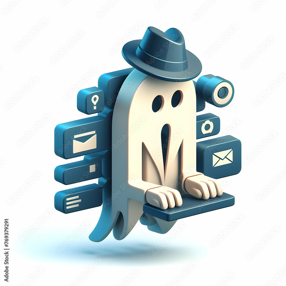 Poster 3d flat icon for business as spyware specter a ghostly figure collecting data through spyware in onl