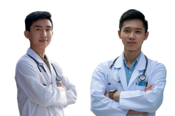 Confident Asian male doctor and folded hands on transparent background