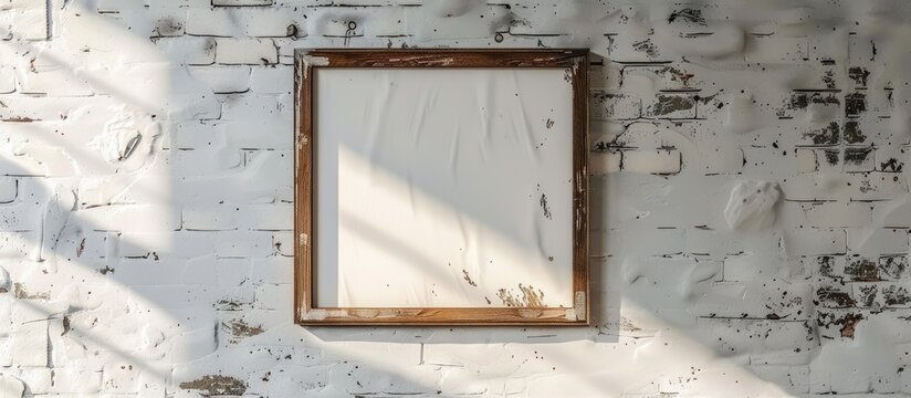 Vintage square photo frame mockup on white background. Old wooden frame.