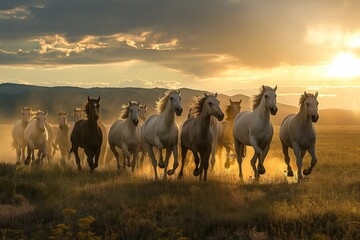 A running herd of wild horses with dust under their hooves