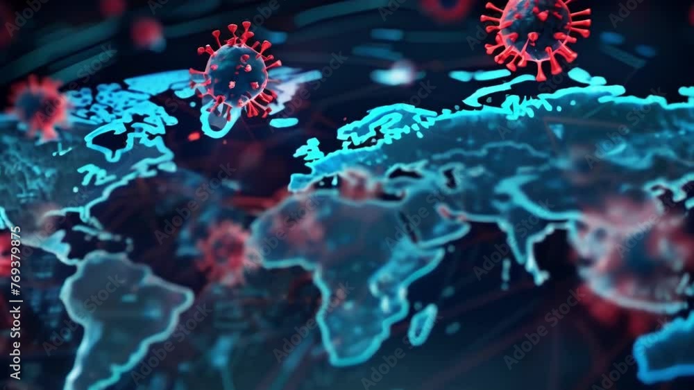 Poster a dynamic world map in blue and red colors is displayed, showcasing global geographical features and
