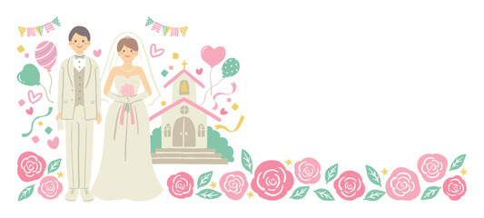 ウエディング　教会の前に並んだ新郎新婦のイラスト