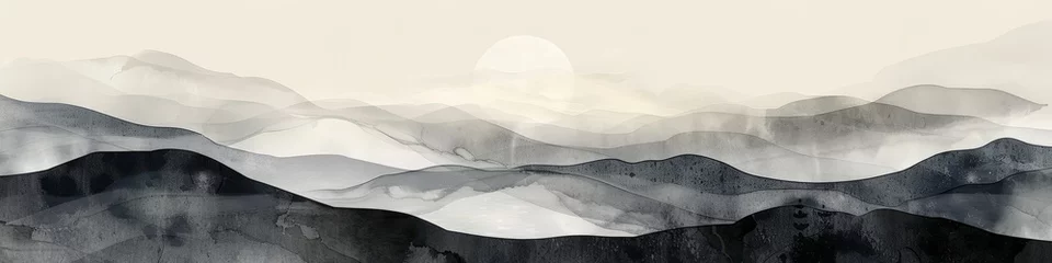 Foto op Aluminium A black and white painting depicting a mountain range using brushed ink, sparse and poetic, in an abstract style, background, wallpaper, banner © keystoker