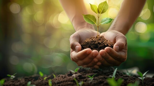 sunshine background green growing tree big holdig hand environment earth day green eco tree earth background concept friendly ecosystem environmental ecology hand sustainable nature