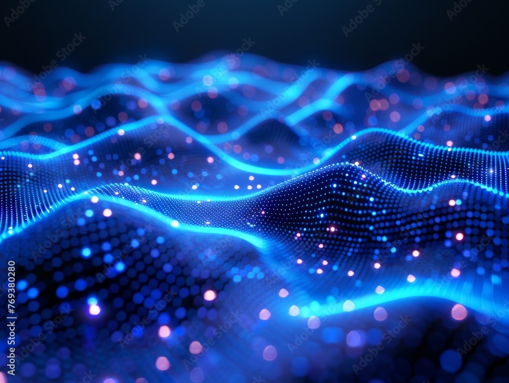 Poster computer-generated blue wave of light, creating an abstract and striking visual effect.