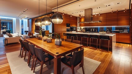 Dining room and kitchen with wooden table and floor in modern apartment interior design