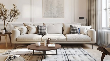 Domestic and cozy interior of living room with beige sofa with carpet pillow plaid coffee table and personal accessories