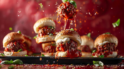 Mouthwatering meatball sliders with oozing tomato sauce and fresh basil on top - obrazy, fototapety, plakaty