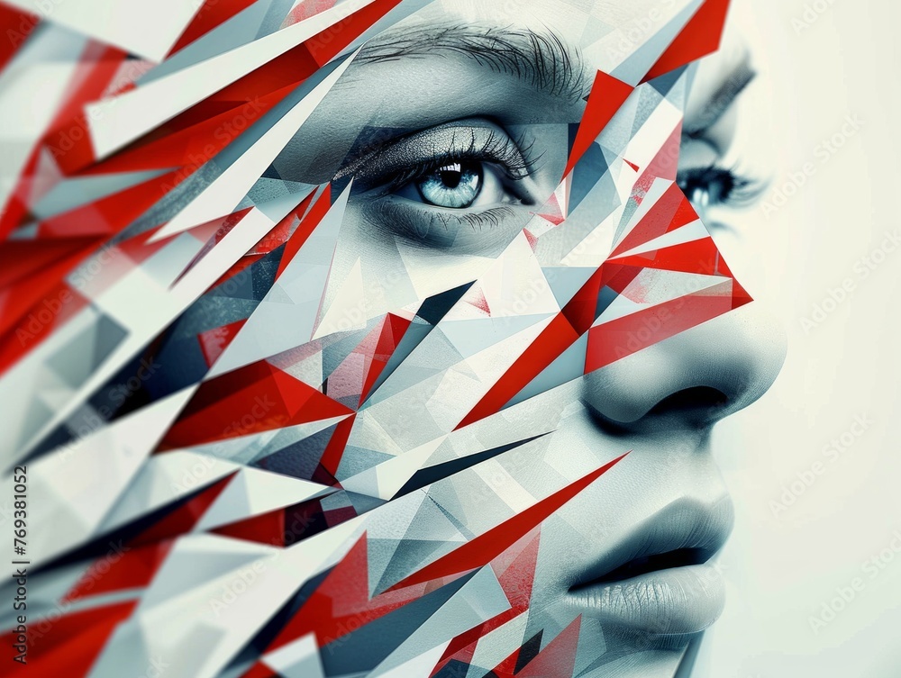 Poster a womans face is adorned with striking red and white triangles, creating a captivating and artistic 