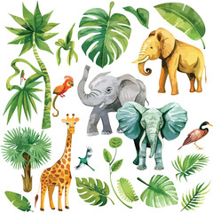 Jungle Party Watercolour clipart isolated on white background