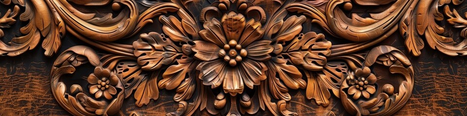 Detailed view of an ornate wood carving depicting a flower, showcasing intricate craftsmanship and artistic design, background, wallpaper, banner