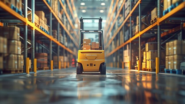 A detailed illustration capturing the moment a yellow forklift zips through the aisles of a warehouse, a balanced load of boxes secured in its grasp, the background filled with towering shelves of goo