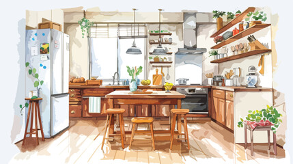 Fototapeta na wymiar Cozy kitchen watercolor Flat vector 