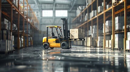 An atmospheric rendering of a yellow forklift lifting a heavy box to place on the upper shelf of a warehouse rack, the backdrop subtly fading from the foreground to highlight the forklifts action, cas - obrazy, fototapety, plakaty