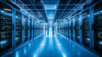  Large server room with rows of servers.