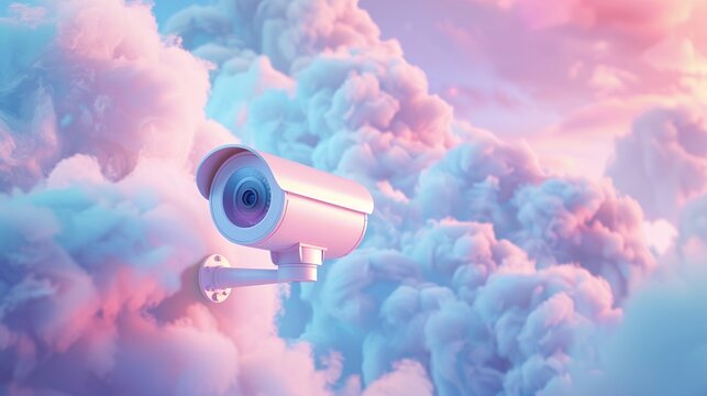 A whimsical 3D illustration of a minimal, cartoonstyle CCTV camera, floating gently against a dreamy background This lighthearted approach to depicting security technology emphasizes the importance of