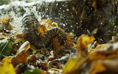 close-up of a centipede looking for food in a pile of waterlogged rubbish