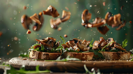 Mushroom slices and arugula leaves caught in motion over bread slices with a rustic backdrop