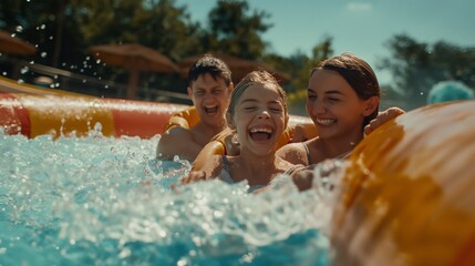 The children have just plunged into the water after sliding down the slide in the water park and are laughing. Filling with happy emotions from having fun during the holidays