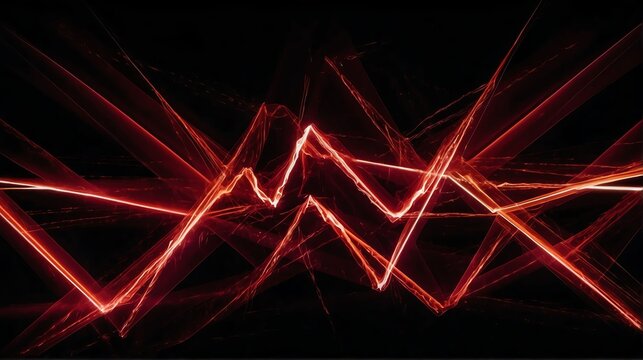 Bright abstract red zigzag rays lines of lights on plain black background from Generative AI