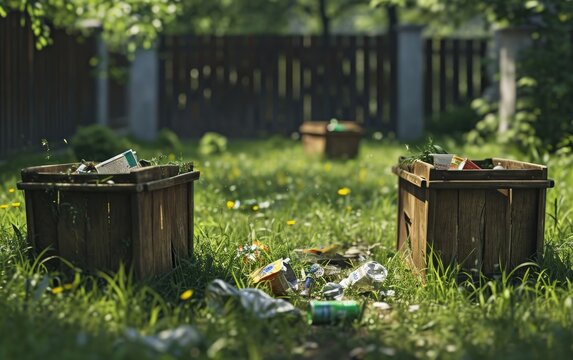 Two wooden trash cans overflowing with yard waste in a sunny suburban backyard