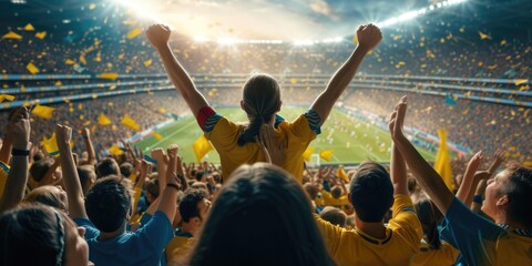 A fan wearing a yellow jersey exhibits a gesture of joy and excitement in a world stadium, enjoying leisure and fun while watching a team sport ball game. AIG41 - obrazy, fototapety, plakaty
