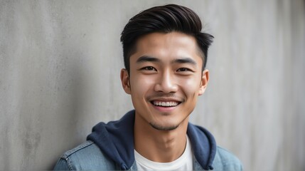 Portrait of young handsome Asian man smiling happy looking camera with confidence on concrete wall background from Generative AI - obrazy, fototapety, plakaty