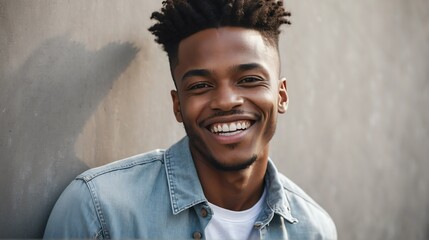 Portrait of young handsome black african man smiling happy looking camera with confidence on concrete wall background from Generative AI - obrazy, fototapety, plakaty